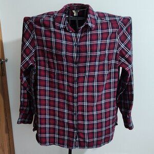 Woolrich burgundy-red/navy-blue/white plaid flannel shirt, EUC, size XXL